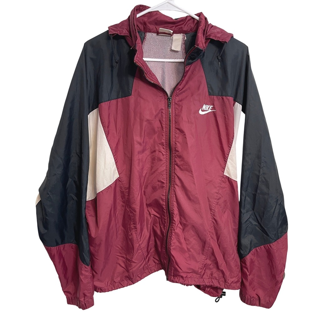 Vintage 90s Nike Gray Tag Windbreaker Hood Maroon Black White Colorblock Retro L